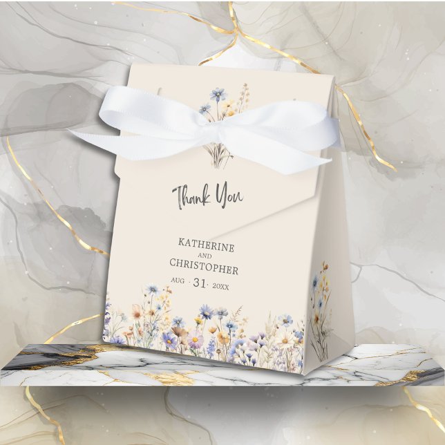 Caixinha De Lembrancinhas Casamento de Flores Azuis BOHO Dusty Obrigado (BOHO Watercolor Floral Wedding Favor Bow Box with light blue, yellow wildflowers, wedding details.)