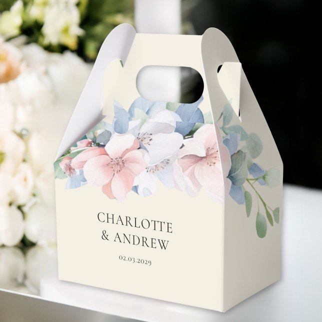 Caixinha De Lembrancinhas Casamento de Flores Azuis-Rosa Elegante (Elegant Blue Pink Flowers THANK YOU! Wedding Favor Boxes with your name and date.)