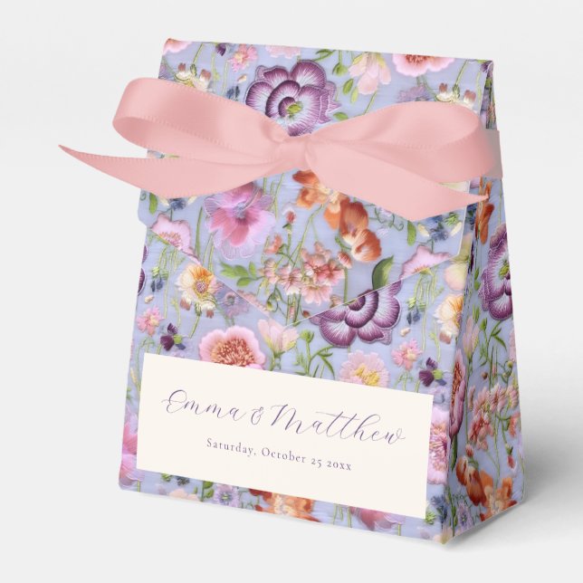 Caixinha De Lembrancinhas Casamento de Flores Embroideradas Roxas (Frente)