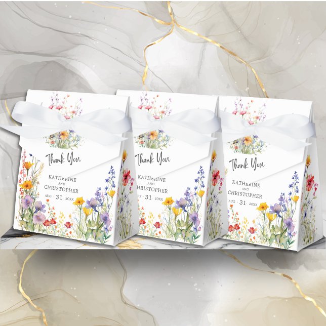 Caixinha De Lembrancinhas Casamento de Flores Selvagens Legais Agradecemos (Elegant Colorful Wildflowers Wedding Thank You Favor Bow Box with Couple's Names, Date.)
