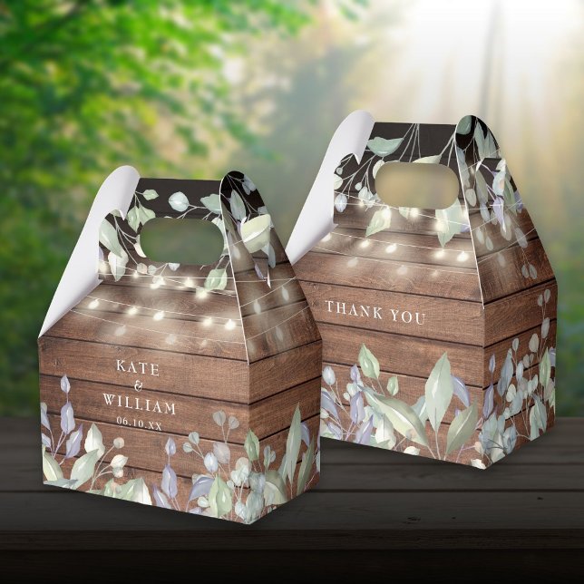 Caixinha De Lembrancinhas Casamento de Folhagem de Luzes de Madeira Rústica (Rustic Wood String Lights Foliage Wedding Favor Box)