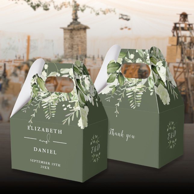 Caixinha De Lembrancinhas Casamento de Monograma de Folhagem Floral Verde Ol (Olive Green Floral Greenery Monogram Wedding Favor Boxes)