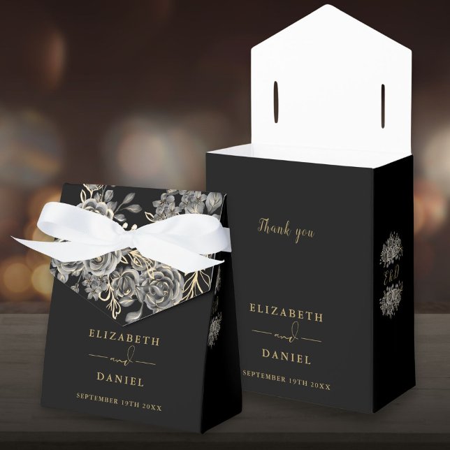 Caixinha De Lembrancinhas Casamento De Monograma Dourado E Preto Gótico (Gothic Black And Gold Floral Monogram Wedding Favor Box)