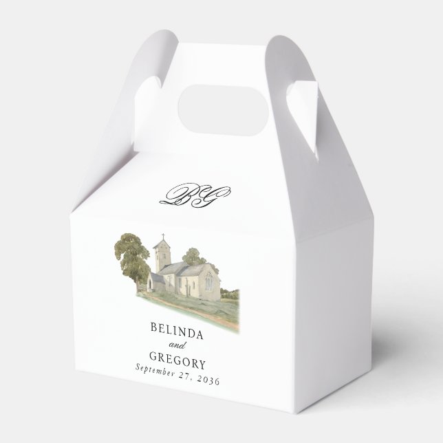 Caixinha De Lembrancinhas Casamento de Monograma Tradicional com Igreja de C (Frente)