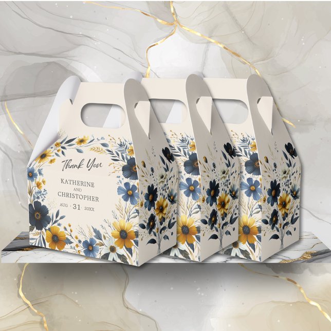Caixinha De Lembrancinhas Casamento de Porcos Elegante de Flores Selvagens d (Watercolor Wildflowers Elegant Wedding Thank You Favor Box with Blue and Yellow Wildflowers.)
