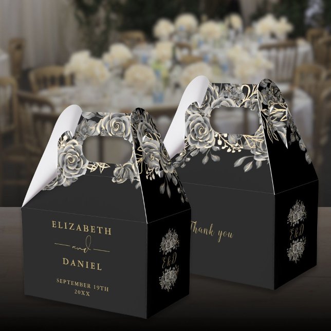 Caixinha De Lembrancinhas Casamento De Rosa Floral Dourado E Preto Gótico (Gothic Black And Gold Floral Rose Monogram Wedding Favor Boxes)