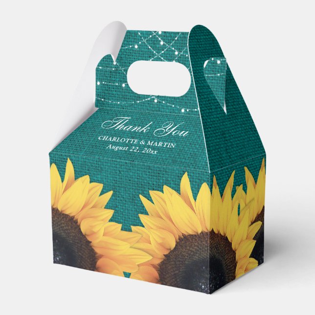 Caixinha De Lembrancinhas Casamento De Teal Burlap Sunflower Obrigado (Frente)