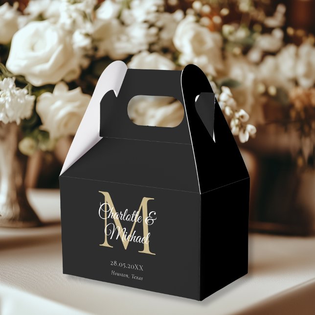 Caixinha De Lembrancinhas Casamento do Monograma Elegante Negro (White Elegant Monogram Wedding Favor Boxes, black, beige, gold, with your name and date.)