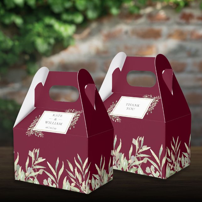Caixinha De Lembrancinhas Casamento Dourado com Folhagem de Greenery Burgund (Burgundy Gold Greenery Foliage Wedding Favor Boxes)
