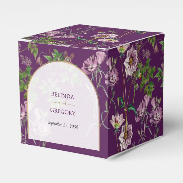 Caixinha De Lembrancinhas Casamento Dourado de Arca com Verde Floral Roxo (Frente)