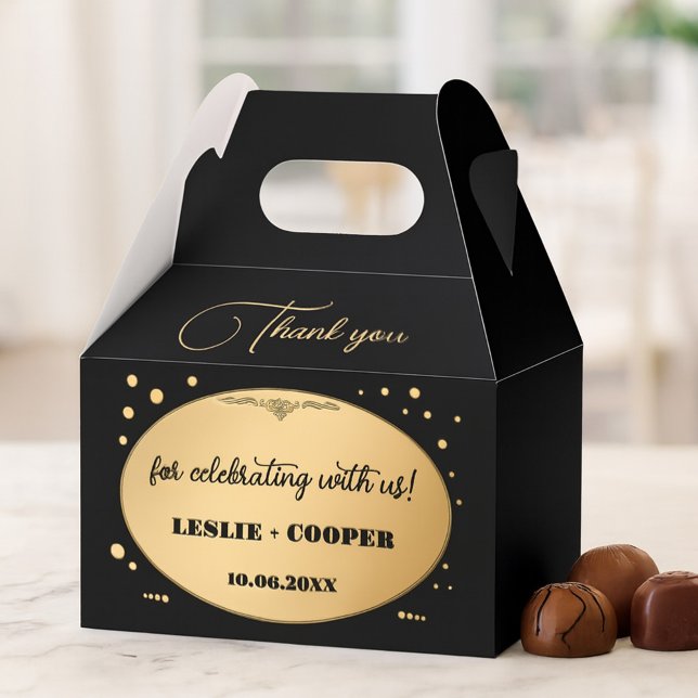 Caixinha De Lembrancinhas Casamento Dourado de Confetti Negro Obrigado (Wedding favor box featuring a stylish gold and black art deco design with sparkling gold confetti.)