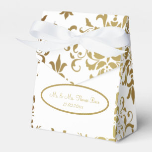Caixinha De Lembrancinhas Casamento Dourado de Script Branco Damask Elegante