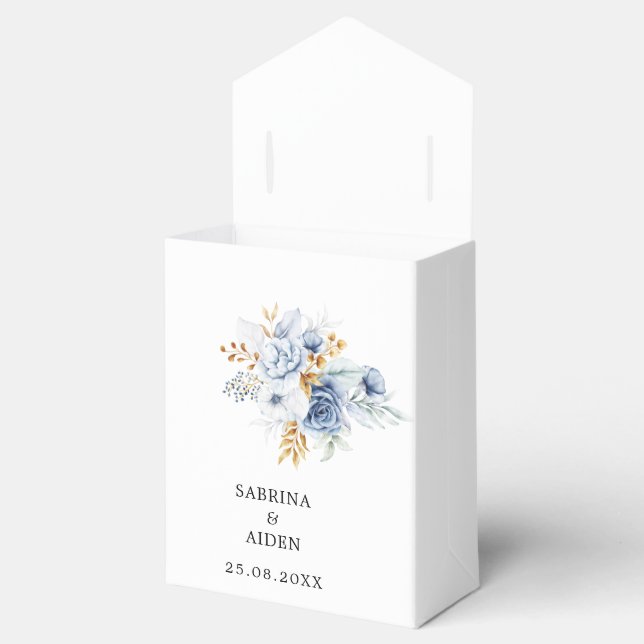 Caixinha De Lembrancinhas Casamento Dourado Floral Branco Dusty Blue (Aberto)