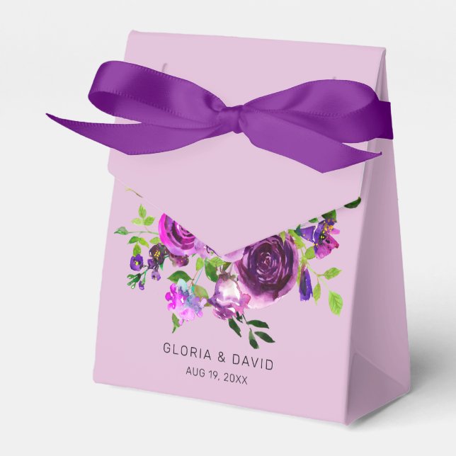 Caixinha De Lembrancinhas Casamento Elegante com Flores Roxas (Frente)