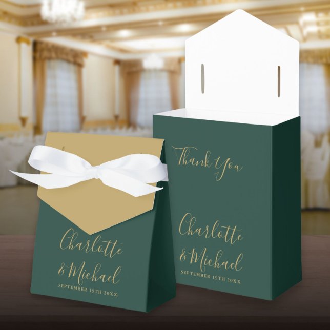 Caixinha De Lembrancinhas Casamento Elegante De Escrita Emerald Green E Dour (Emerald Green And Gold Script Elegant Wedding Favor Box)