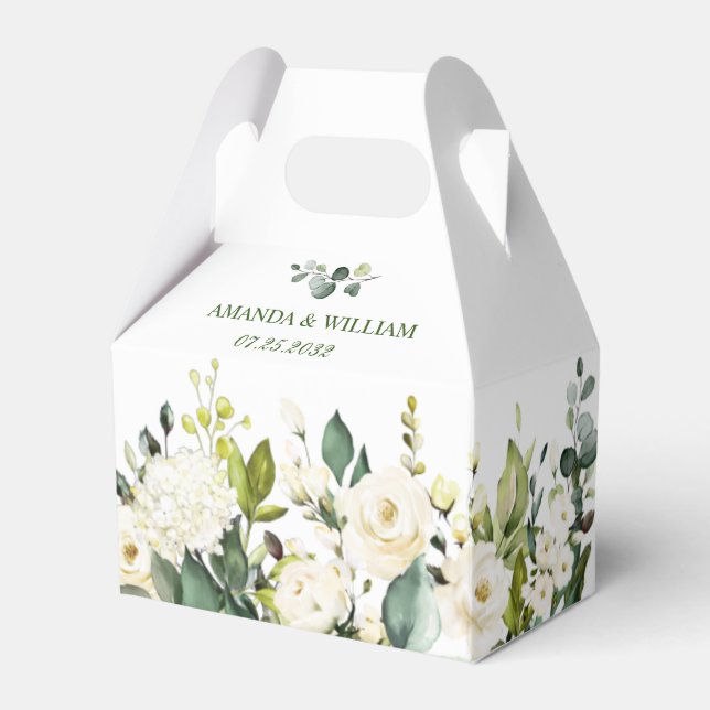 Caixinha De Lembrancinhas Casamento Elegante Eucalyptus White Roses Greenery (Frente)