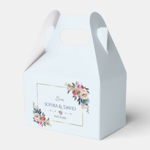 Caixinha De Lembrancinhas Casamento Floral Azul-Rosa Elegante Dourado