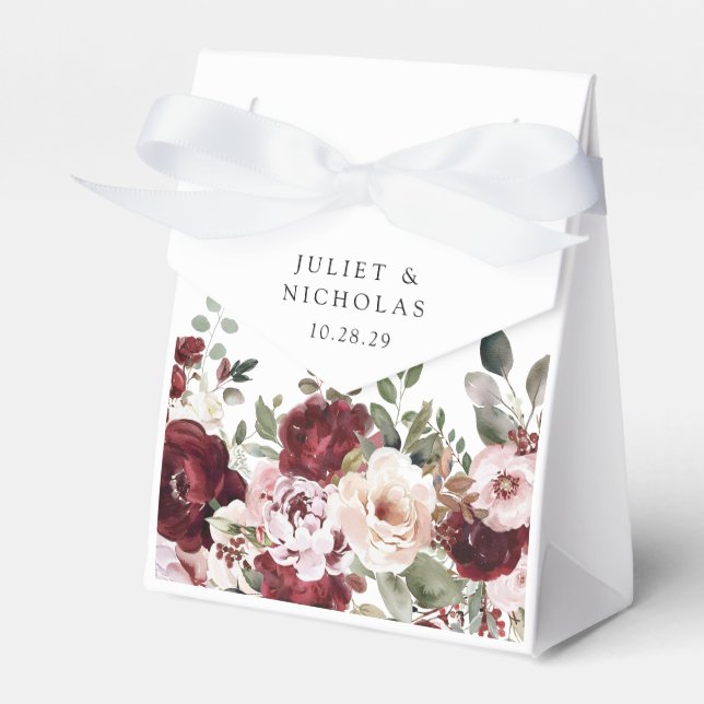 Caixinha De Lembrancinhas Casamento Floral Elegante Burgundy & Blush Waterco (Frente)