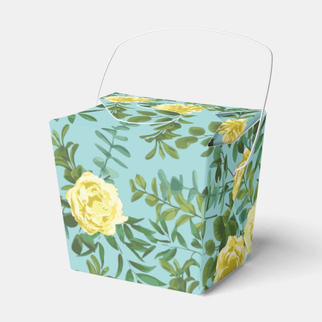Caixinha De Lembrancinhas Casamento Floral Primavera de Amarelo e Aqua Vinta (Frente)