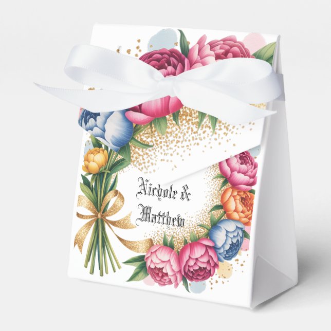 Caixinha De Lembrancinhas Casamento Glitter Dourado do Elegante Peony Buquê (Frente)