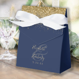 Caixinha De Lembrancinhas Casamento Moderno com Brilho Dourado Azul Naval