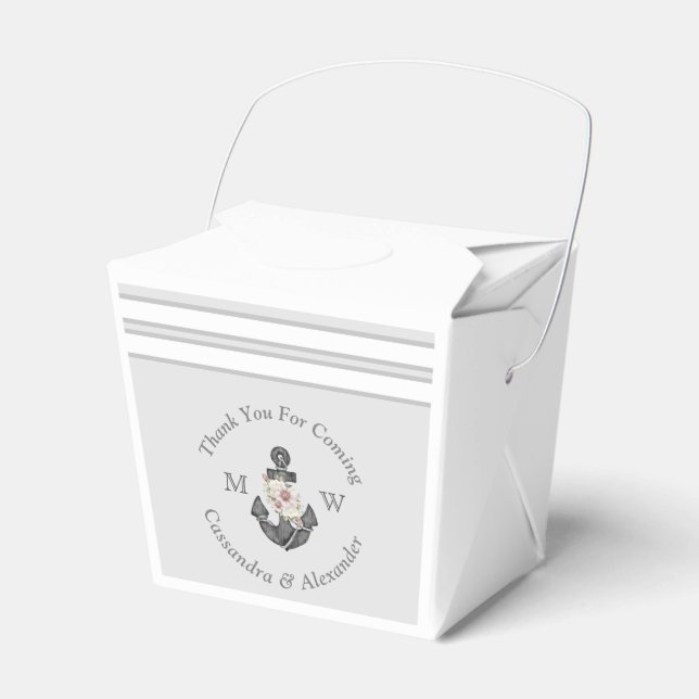 Caixinha De Lembrancinhas Casamento Náutico Âncora Floral Cinza Prata (Frente)