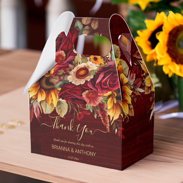 Caixinha De Lembrancinhas Casamento outono burguns rosas girassóis obrigado  (Fall sunflower wedding favors burgundy roses sunflowers personalized thank you favor box)