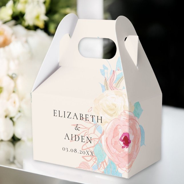 Caixinha De Lembrancinhas Casamento Pastel Floral Watercolor (Personalized Pastel Floral Watercolor Wedding Favor Boxes with your Name & Date.)