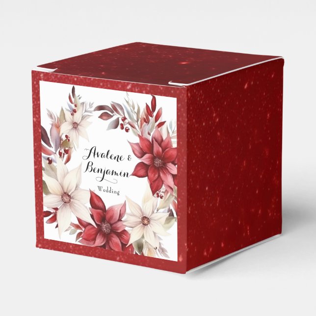 Caixinha De Lembrancinhas Casamento por Aquarela de Poinsettia Vermelha e Br (Frente)