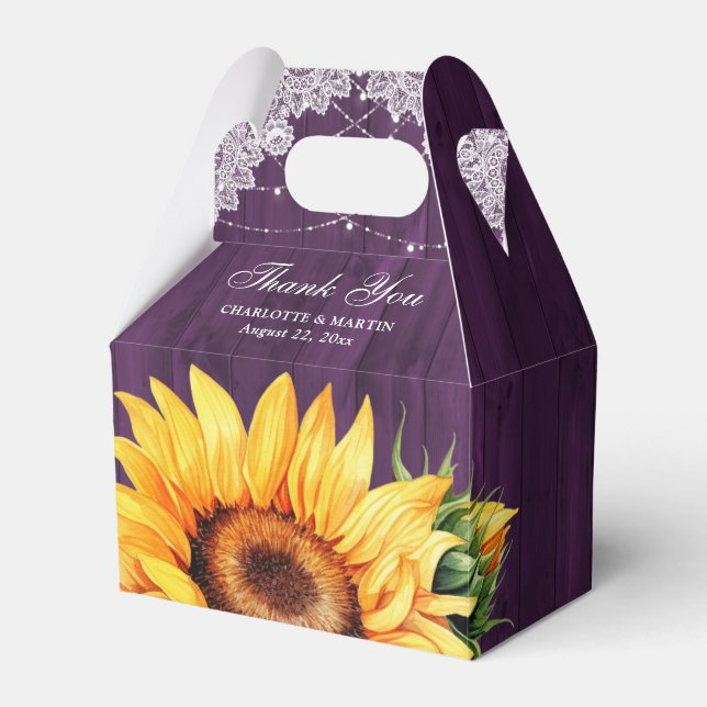Caixinha De Lembrancinhas Casamento Rustic Country Purple Wood Sunflower (Frente)