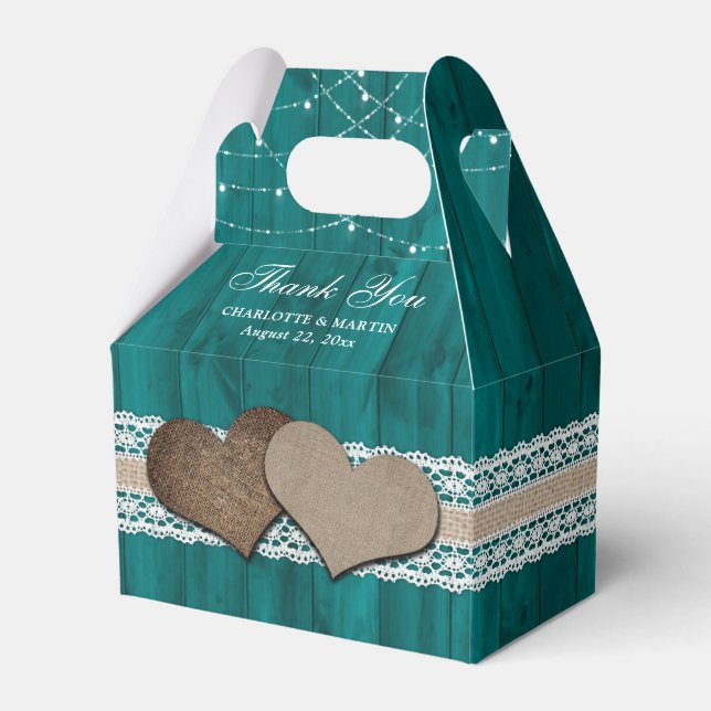 Caixinha De Lembrancinhas Casamento Rustic Country Teal Obrigado (Frente)