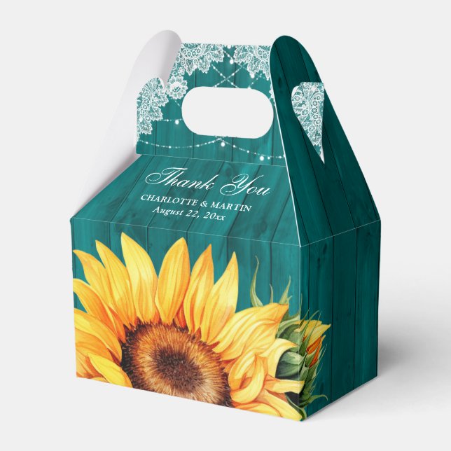 Caixinha De Lembrancinhas Casamento Rustic Country Teal Wood Sunflower (Frente)