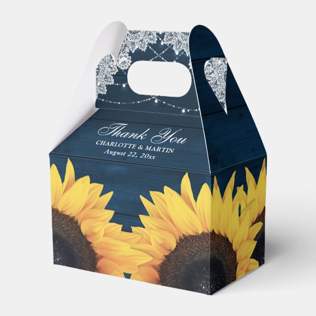 Caixinha De Lembrancinhas Casamento Rustic Marinho Blue Wood Sunflower (Frente)