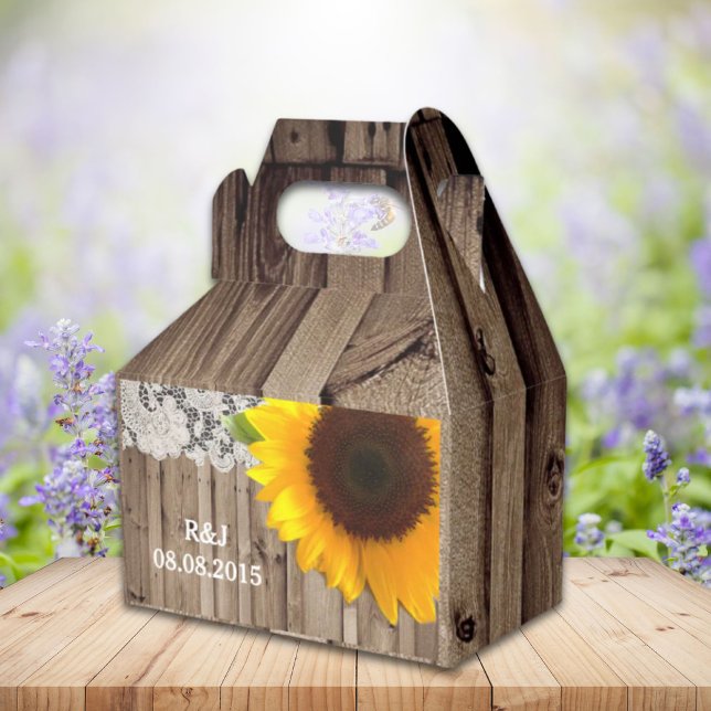 Caixinha De Lembrancinhas casamento rústico de celeiro de madeira de girasso (rustic lace barn wood sunflower country wedding favor boxes)