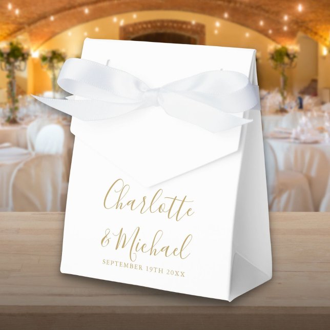Caixinha De Lembrancinhas Casamento Simples com Letra Branca e Dourada  (Simple Gold And White Script Wedding Favor Box)