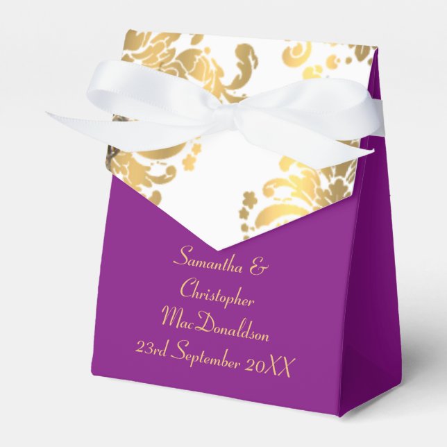 Caixinha De Lembrancinhas Casamento tradicional com damasco branco, roxo e d (Frente)