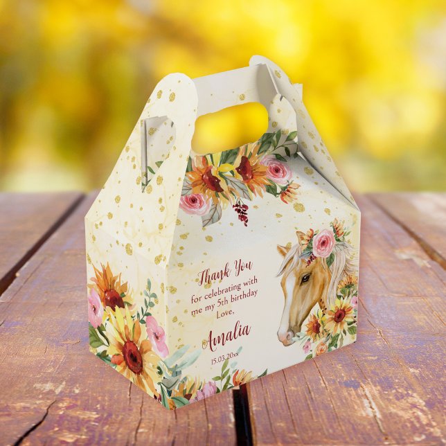 Caixinha De Lembrancinhas Cavalo de palomino com girassóis e flores rosa (Criador carregado)