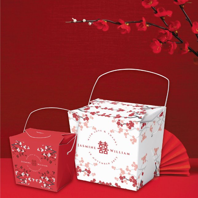 Caixinha De Lembrancinhas Cereja Blossoms e Felicidade Dupla Casamento Chinê (Red/White Cherry Blossoms Double Happiness Chinese Wedding Party Favor Boxes @ fatfatin_red_knot)