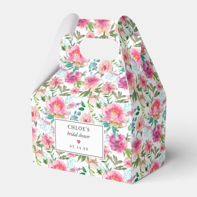 Caixinha De Lembrancinhas Chá de Bebê Floral em Aquarela Peônia Rosa (Frente)