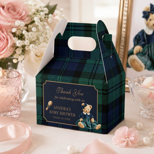 Caixinha De Lembrancinhas Chá de Bebê Menina Urso Teddy Elegante Clássico (Elegant Preppy Teddy Bear Girl Baby Shower Gift box)