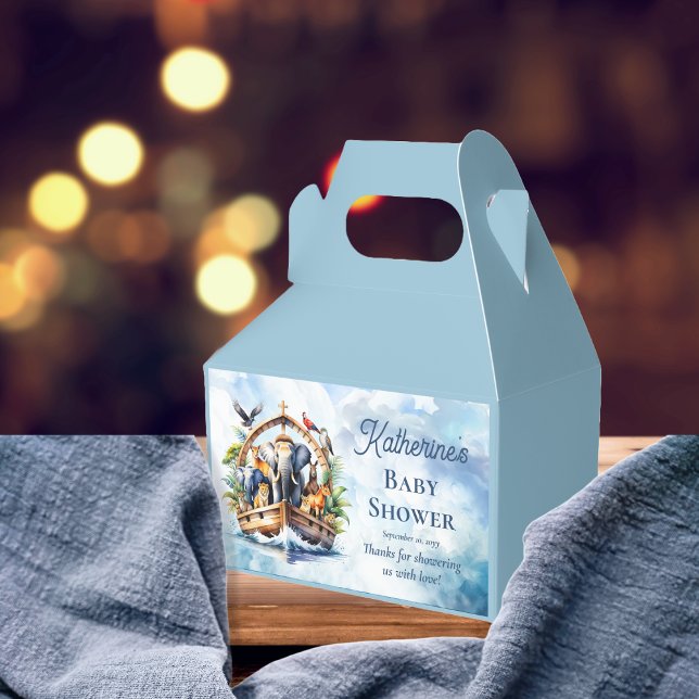 Caixinha De Lembrancinhas Chá de fraldas Azul de Bichinhos-de-Arca de Noah (Noah's Ark Cute Animals Blue Boy Baby Shower Favor Box)
