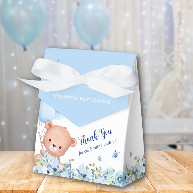 Caixinha De Lembrancinhas Chá de fraldas de Ballons Azuis de Urso Vermelho B (Cute teddy bear with blue balloons, flowers and butterflies favor box for baby boy baby shower)