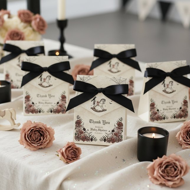 Caixinha De Lembrancinhas Chá de fraldas de Halloween do Cavalo Rocking Góti (Elegant Gothic Baby Shower Favor Box. Hand Drawn Victorian Rocking Horse, Pink Roses, Black Raven)