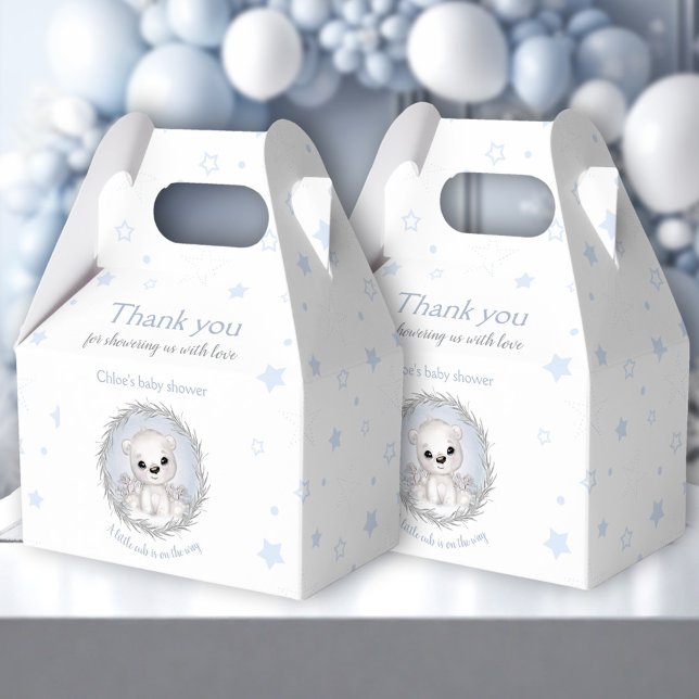 Caixinha De Lembrancinhas Chá de fraldas de Inverno Branco do Urso Polar Bon (Cute Polar Bear White Winter Boy Baby Shower Favor Box)