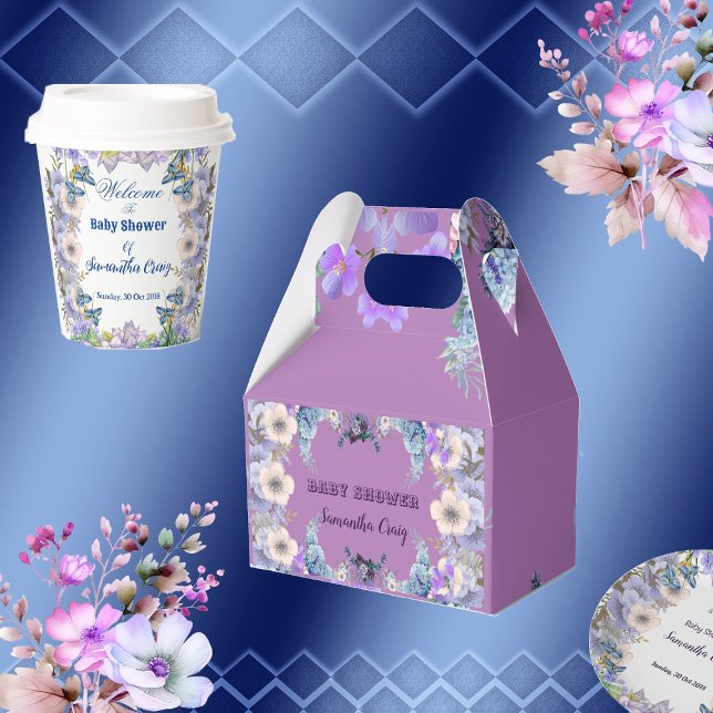 Caixinha De Lembrancinhas Chá de fraldas Lilático Roxo Púrpura de Sangue Azu (Soft Pastel Blue Blooms Purple Lilac Baby Shower Favor Box)