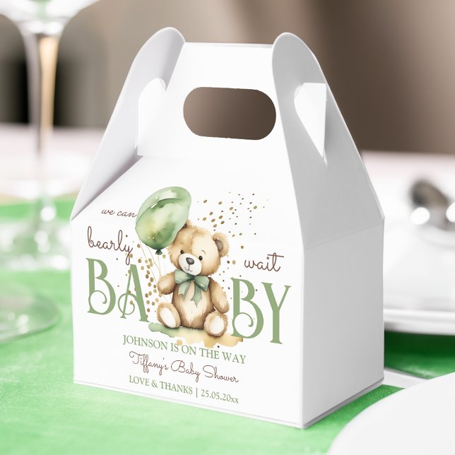Caixinha De Lembrancinhas Chá de fraldas verde-castanho de ursinho (Bearly wait teddy bear sage green brown baby shower favors personalized printed favor boxes)