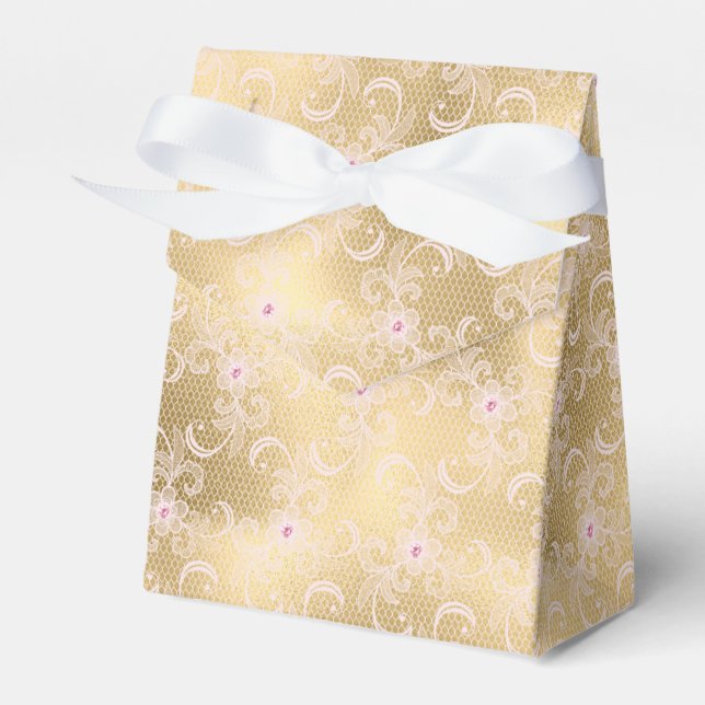 Caixinha De Lembrancinhas Chá de Noiva de Renda Floral Rosa Elegante Dourado (Frente)