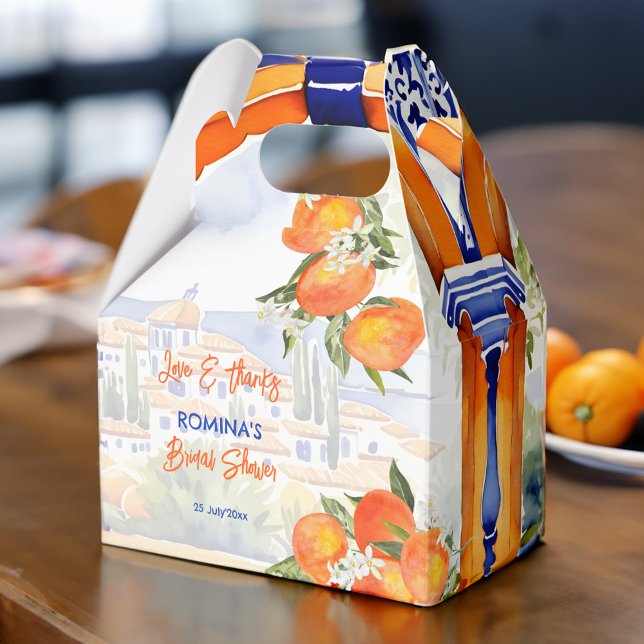 Caixinha De Lembrancinhas Chá de panela azulejo azulejo talavera azul-laranj (Orange blue azulejo talavera tiles oranges Spanish bridal shower favor box printed personalized)