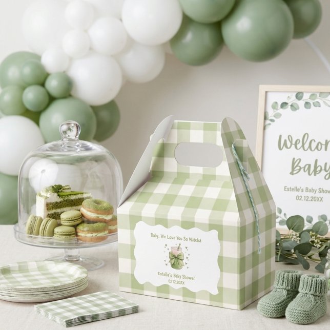 Caixinha De Lembrancinhas Chá Matcha Baby shower Laço Verde Xadrez (Criador carregado)