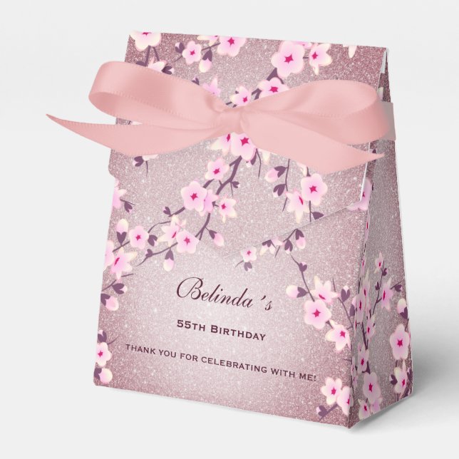 Caixinha De Lembrancinhas Cherry Blossom rosa Mauve Glitter Custom Birday (Frente)